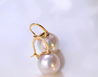 Customized 18K Solid Gold thin dangle earring hoops with large freshwater pearls  18K Real Gold Au750,