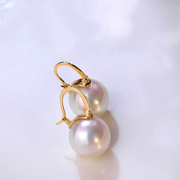 Customized 18K Solid Gold thin dangle earring hoops with large freshwater pearls  18K Real Gold Au750,