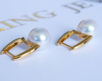 Customized 18K Solid Gold square earring hoops with Akoya white pearls  8-8.5mm AAAAA pearls,  18K Real Gold Au750, seawater pearls