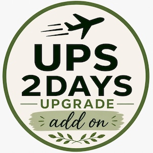 May include: A circular sticker with a green border and a cream-colored center. The text "UPS 2 DAYS UPGRADE add on" is in black. A black airplane graphic is at the top.