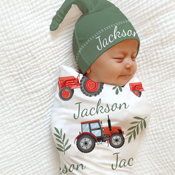 RED TRACTOR - PERSONALIZED Swaddle Baby Blanket Hat - Green Trucks Farm Baby Shower Gift Baby Boy Coming Home Outfit Custom Baby Blanket