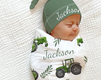 Green Tractor PERSONALIZED Swaddle Baby Blanket Hat - Green Trucks Farm Baby Shower Gift Baby Boy Coming Home Outfit Custom Baby Blanket