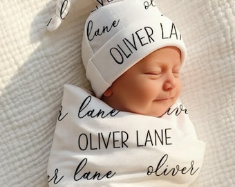 BABY NAME SWADDLE -Baby Gown Knotted Hat Headband Personalized Baby Shower Gift Newborn Baby Boy Coming Home Outfit Set Girl Hospital Photo