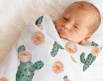 BOHO KAKTUS Baby Decke Stirnband Hut Swaddle Set Peach Floral rosa Baby Shower Geschenk Krankenhaus Neugeborene Fotos Baby Mädchen Coming Home Outfit