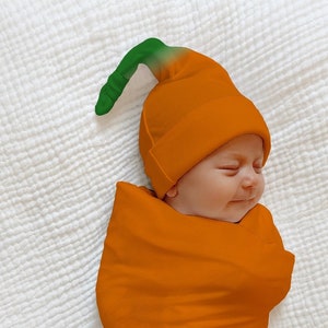PUMPKIN SWADDLE Blanket Hat Set, Baby Boy Coming Home Outfit Gender Neutral Present Baby Shower Gift Orange Halloween Fall Girl