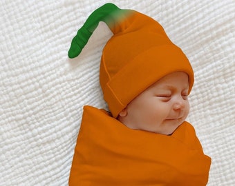 PUMPKIN SWADDLE Blanket Hat Set, Baby Boy Coming Home Outfit Gender Neutral Present Baby Shower Gift Orange Halloween Fall Girl