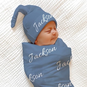 Personalized BABY NAME Swaddle - Baby Boy Swaddle Hat Set Personalized Newborn Baby Girl Coming Home Outfit Hospital Photo Receiving Blanket