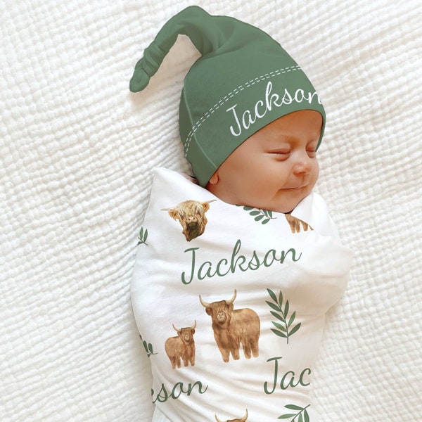 Highland Cow Baby Blanket Personalized Baby Shower Gift Hospital Custom Name Announcement Hunting Cowboy Coming Home Outfit Baby Boy Swaddle