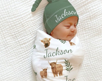 Highland Cow Baby Blanket Personalized Baby Shower Gift Hospital Custom Name Announcement Hunting Cowboy Coming Home Outfit Baby Boy Swaddle