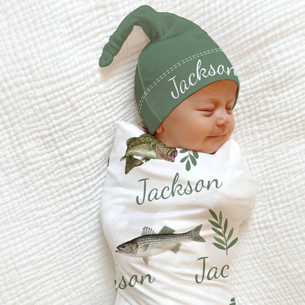 Fishing Baby Boy Blanket Hat -Personalized Baby Shower Gift Hospital Custom Name Announcement Fisherman Coming Home Outfit Fish Baby Swaddle