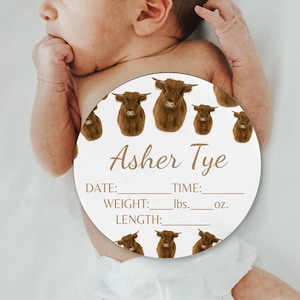 HIGHLAND COW Baby Name Sign - Birth Stat Sign - Custom Round Wood Baby Name Announcement Cowboy Personalized Baby Shower Gift Animal Swaddle