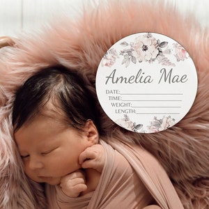 Baby Name Announcement Sign Birth Stat Sign Gift Set - Pink Floral Personalized Birth Announcement Plaque Birth Stat for Girl Baby Shower