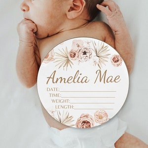 Baby Name Sign Name Announcement - Baby Birth Stat Sign - Boho Floral Custom Wooden Round Wood Girl Personalized Baby Shower Gift Swaddle