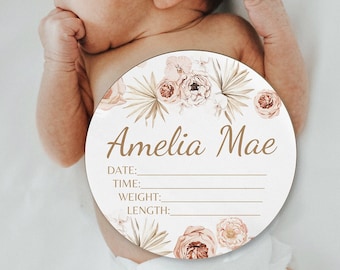 Baby Name Sign Name Announcement - Baby Birth Stat Sign - Boho Floral Custom Wooden Round Wood Girl Personalized Baby Shower Gift Swaddle