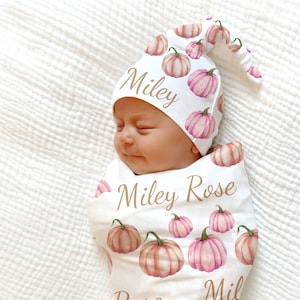 PERSONALIZED PINK PUMPKIN Swaddle Baby Name Blanket, Baby Girl Coming Home Outfit Fall Gender Reveal Fall Baby Shower Gift Hospital Photo