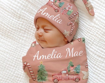 PINK Christmas Swaddle Blanket Personalized  Christmas Baby Girl Hospital Blanket Christmas Baby Name Outfit  Baby Girl Coming Home Outfit