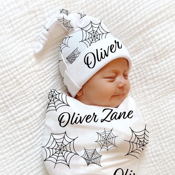 Spooky Halloween Baby Blanket - PERSONALIZED Swaddle Hat Spider Web Baby Shower Gift Baby Boy Coming Home Outfit Halloween Swaddle Blanket