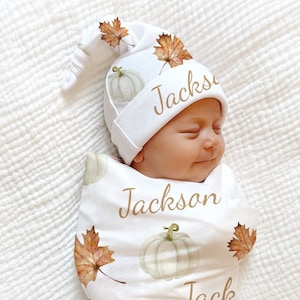 FALL Neutral Baby Blanket, Pumpkin Swaddle Baby Boy Coming Home Outfit Name Announcement Thanksgiving PERSONALIZED Baby Shower Gift Hospital