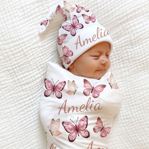 PINK BUTTERFLY Swaddle Blanket PERSONALIZED Newborn Baby Girl Coming Home Outfit Name Floral Blanket Baby Shower Gift Hospital Photo Outfit