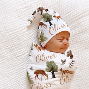 Woodland BABY BOY SWADDLE Baby Blanket Hat Set Hospital Name Announcement Personalized Boy Blanket Deer Animals Woodland Baby Shower Gift