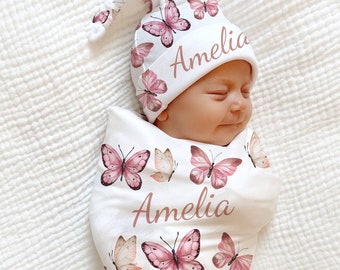 PINK BUTTERFLY Swaddle Blanket PERSONALIZED Newborn Baby Girl Coming Home Outfit Name Floral Blanket Baby Shower Gift Hospital Photo Outfit