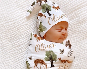 Woodland BABY BOY SWADDLE Baby Blanket Hat Set Hospital Name Announcement Personalized Boy Blanket Deer Animals Woodland Baby Shower Gift