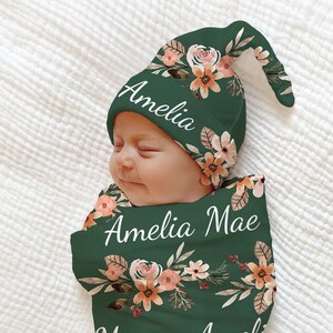 GREEN FLORAL Baby Blanket Swaddle Hospital Photo Blanket Baby Name Announcement Gift Girl Coming Home Outfit Personalized Baby Shower Gift