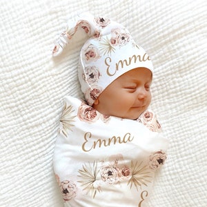 PERSONALIZED Boho Floral Custom Baby Name Blanket, Caramel Baby Girl Personalized Shower Gift Swaddle Newborn Coming Home Outfit Hospital