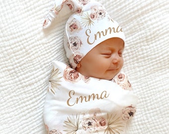 PERSONALIZED Boho Floral Custom Baby Name Blanket, Caramel Baby Girl Personalized Shower Gift Swaddle Newborn Coming Home Outfit Hospital