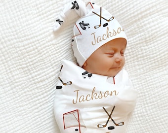 HOCKEY Swaddle Blanket -Hockey Baby Gift Custom Swaddle Blanket Sport Boy Theme Shower Hockey Baby Shower Gift Personalized Baby Blanket Boy