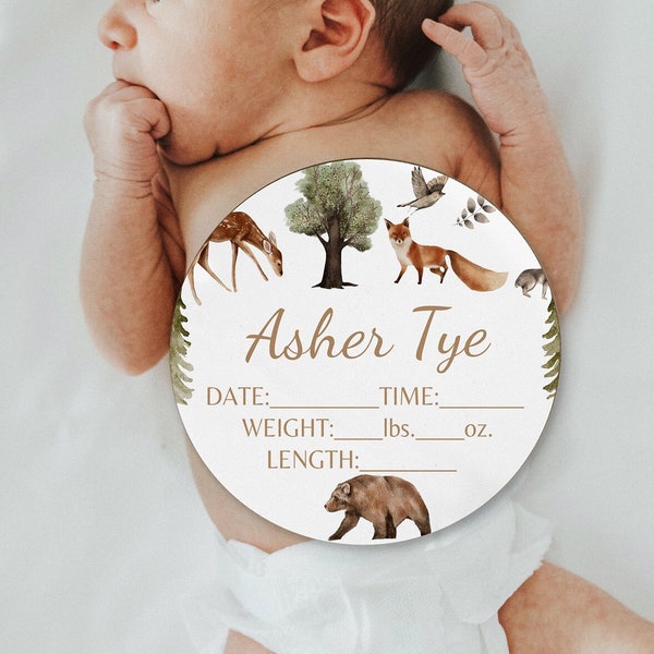 Woodland BABY BOY Name Sign Birth Stat Sign Baby Blanket Hat Set Hospital Name Announcement Deer Animals Personalized Baby Shower Gift