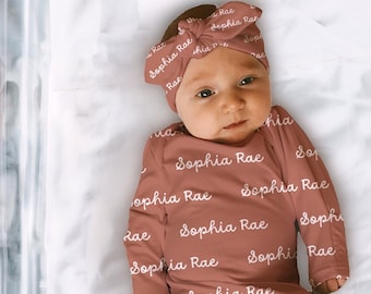NAME BABY GOWN -Baby Girl Swaddle Knotted Hat Set Personalized Newborn Baby Girl Coming Home Outfit Hospital Photo Receiving Blanket Boy