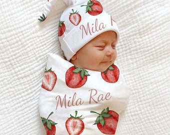 PINK STRAWBERRY Swaddle Blanket PERSONALIZED Newborn Baby Girl Coming Home Outfit Name Berry Blanket Baby Shower Gift Hospital Photo Outfit