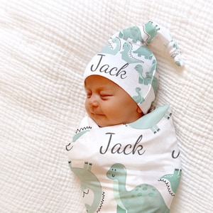 DINOSAUR Swaddle Blanket DINO Personalized Baby Boy Coming Home Outfit Newborn Beanie Knotted Hat Baby Shower Gift Hospital Newborn Photos