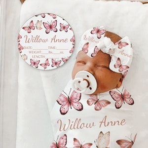 PINK BUTTERFLY Personalized Baby Shower Gift Set - Baby Name Sign Custom Wood Birth Stat Sign Baby Name Announcement Sign Round Baby Name —-