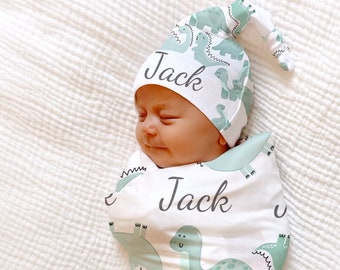 DINOSAUR Swaddle Blanket DINO Personalized Baby Boy Coming Home Outfit Newborn Beanie Knotted Hat Baby Shower Gift Hospital Newborn Photos