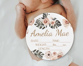 Baby Name Announcement Sign Stat Sign -Pink Floral Custom Round Wood Baby Name Sign Wooden Girl Personalized Shower Gift Swaddle Headband