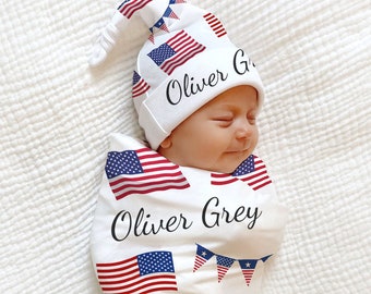 PERSONALIZED Patriotic Stars Stripes Swaddle Blanket 4th of July Baby Blanket American Flag Baby Shower Gift USA Baby Boy Coming Home Outfit