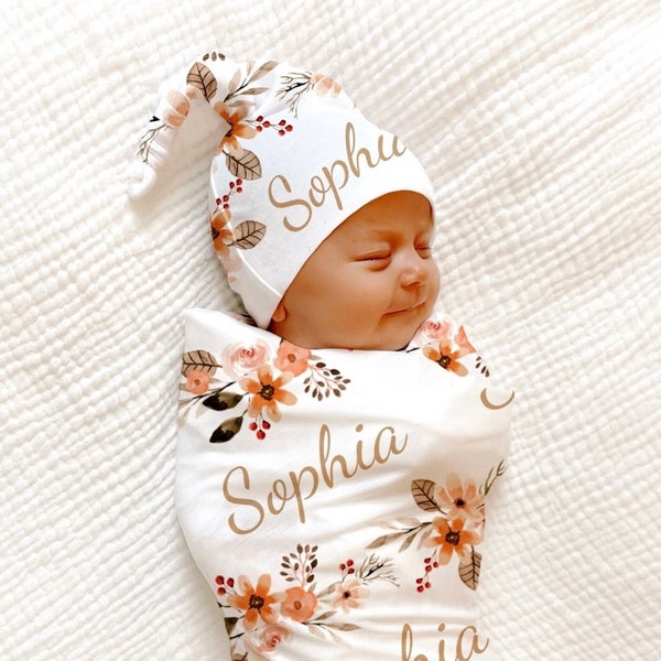 PERSONALIZED Peach Floral Swaddle Blanket Newborn Baby Girl Coming Home Outfit Name Baby Blanket Baby Shower Gift Hospital Photo Outfit