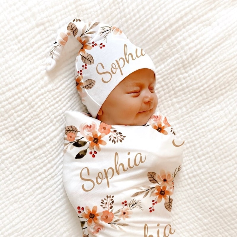Personalized peach floral swaddle blanket newborn baby girl coming home