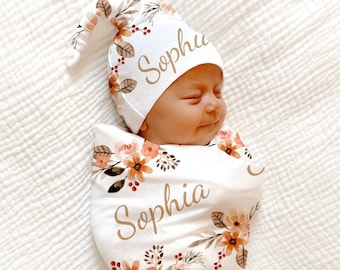 PERSONALIZED Peach Floral Swaddle Blanket Newborn Baby Girl Coming Home Outfit Name Baby Blanket Baby Shower Gift Hospital Photo Outfit