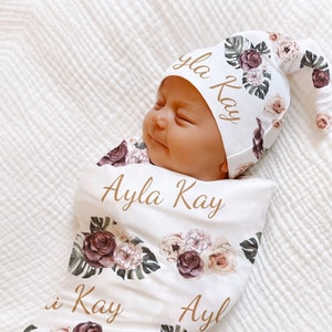 PERSONALIZED PURPLE Floral Swaddle Blanket Pink Newborn Baby Girl Coming Home Outfit Name Baby Blanket Shower Gift Hospital Photo Outfit