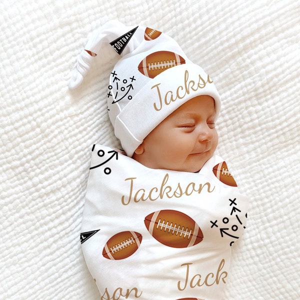 Football Baby Blanket, Name Baby Boy Swaddle Personalized Shower Gift Sports Baby Boy Coming Home Outfit Hospital Photo Prop Swaddle Hat Set