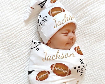 Football Baby Blanket, Name Baby Boy Swaddle Personalized Shower Gift Sports Baby Boy Coming Home Outfit Hospital Photo Prop Swaddle Hat Set