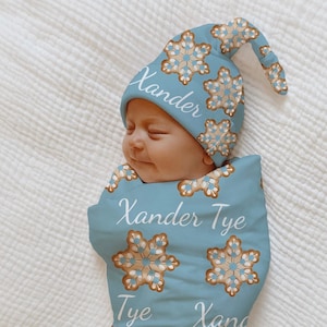 BABY BOY Christmas Winter flake Cookie Swaddle Blue Personalized Newborn Hospital Blanket Christmas Name Reveal Baby Boy Coming Home Outfit