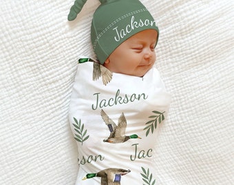 Mallard Baby Blanket Hat - Personalized Baby Shower Gift Hospital Custom Name Announcement Duck Hunting Coming Home Outfit Baby Boy Blanket
