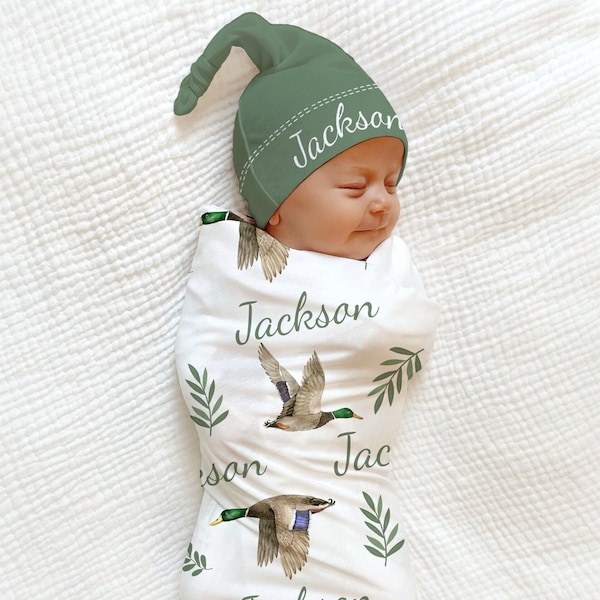 Mallard Baby Blanket Hat - Personalized Baby Shower Gift Hospital Custom Name Announcement Duck Hunting Coming Home Outfit Baby Boy Blanket