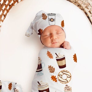 Pumpkin Spice Swaddle Fall Baby Outfit Coffee Latte Baby Boy Coming Home Outfit Gender Neutral Baby Shower Gift Hat Halloween