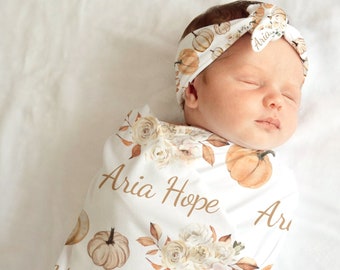 PUMKIN Baby Name Blanket, Pink & Orange PERSONALIZED Swaddle Baby Girl Coming Home Outfit Fall Gender Fall Baby Shower Gift Hospital Photo