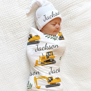 PERSONALIZED Bulldozer Swaddle Baby Blanket / Dozer Trucks Cranes Excavator Construction Baby Shower Gift Baby Boy Coming Home Outfit